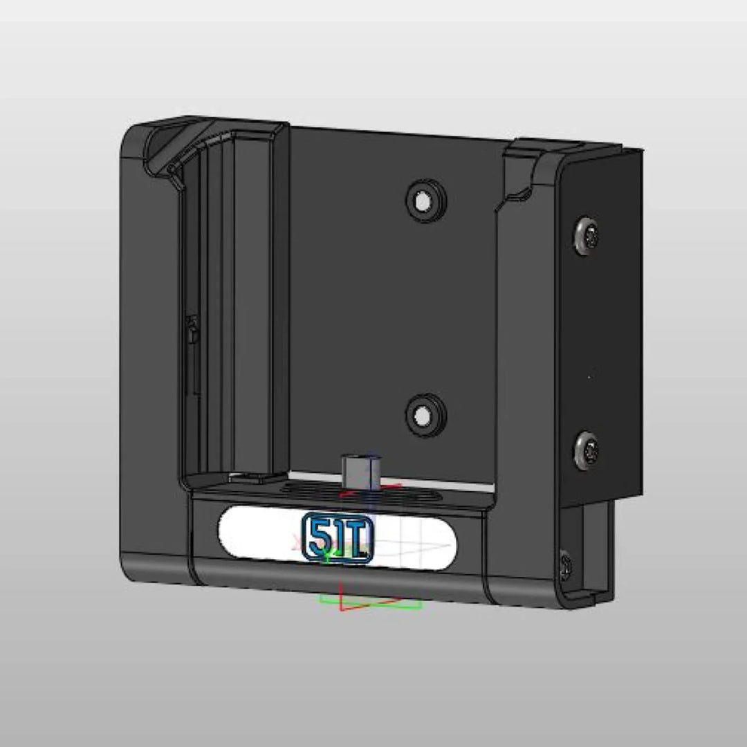 3D CAD model of a wall-mounted charging cradle with mounting holes and a front connector